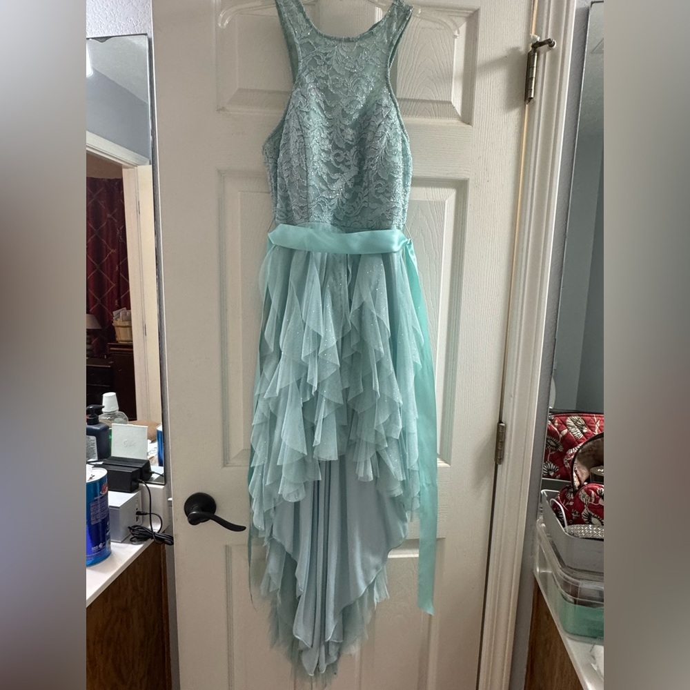Elegant Lace High-Low Dress in Light Blue